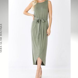 Zenana Outfitters Belted Sleeveless Tulip Dress